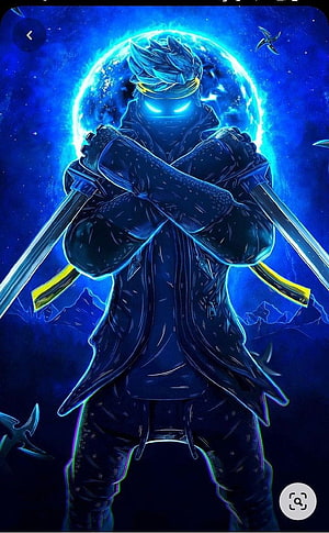 Neon Blue Anime Warrior Holding Crossed Swords Against Glowing Moon HD phone wallpaper