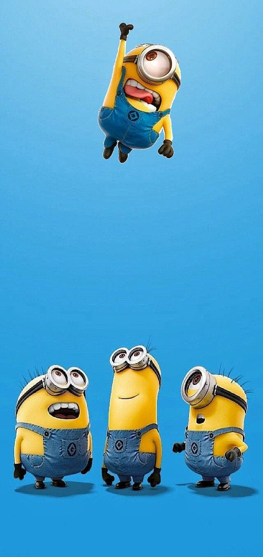 Four Minions in Blue Overalls Jumping and Standing on a Solid Blue Background HD phone wallpaper