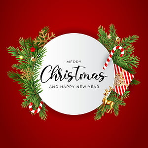 Festive Christmas and New Year Greeting Card with Pine Branches, Candy Canes, and Golden Deer on Red Background HD phone wallpaper