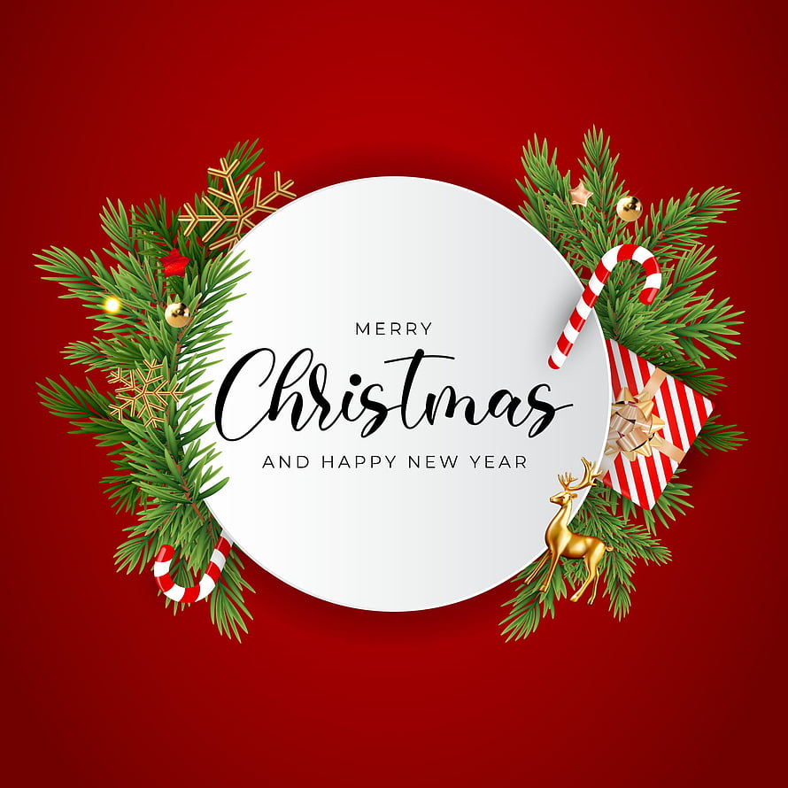 Festive Christmas and New Year Greeting Card with Pine Branches, Candy Canes, and Golden Deer on Red Background HD phone wallpaper