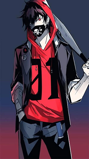Anime Male Character in Red Hoodie and Skull Mask with Dark Aesthetic HD phone wallpaper