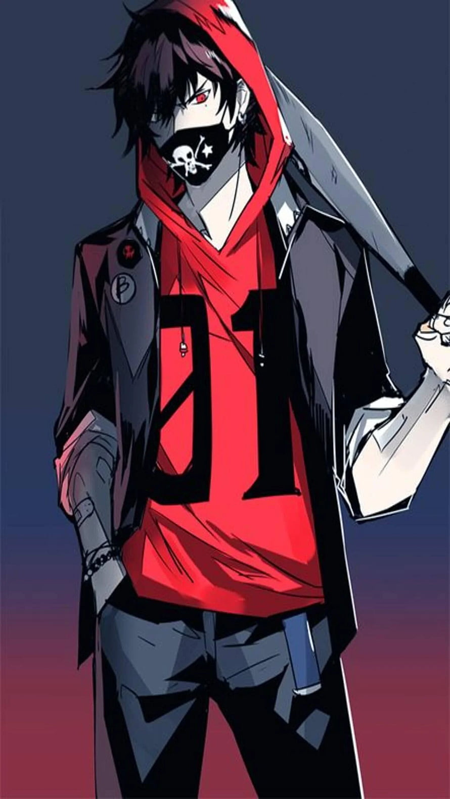Anime Male Character in Red Hoodie and Skull Mask with Dark Aesthetic HD phone wallpaper