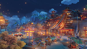 Genshin Impact Liyue Harbor Night Scene with Lanterns and Mountains HD wallpaper