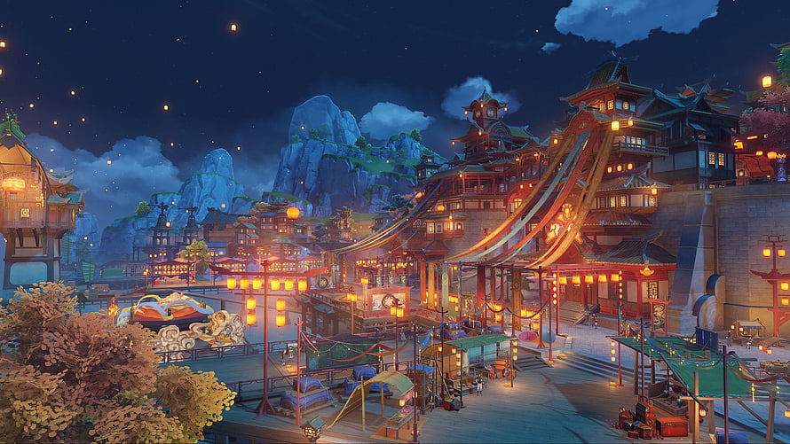 Genshin Impact Liyue Harbor Night Scene with Lanterns and Mountains HD wallpaper