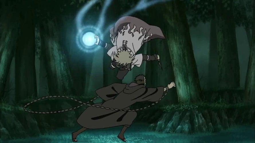 Minato and Tobi Clashing in a Dark Forest with Chakra and Chains HD wallpaper