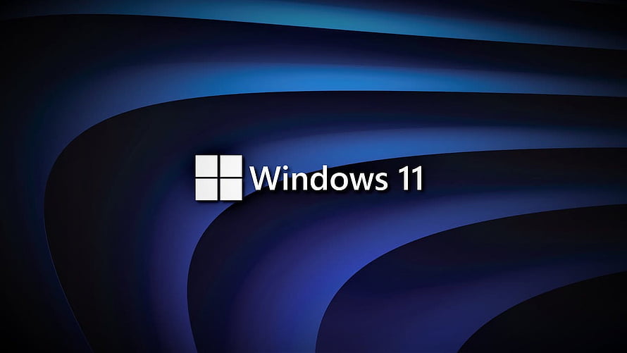 Windows 11 Official Logo on Dark Blue Abstract Flowing Background HD wallpaper