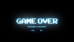 Retro Pixel Game Over Screen with Neon Glow on Dark Background HD wallpaper