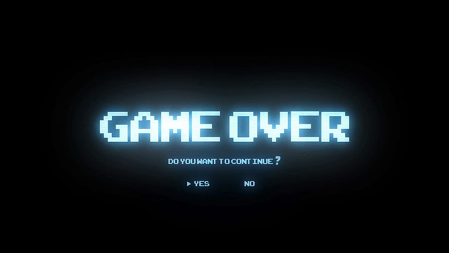 Retro Pixel Game Over Screen with Neon Glow on Dark Background HD wallpaper