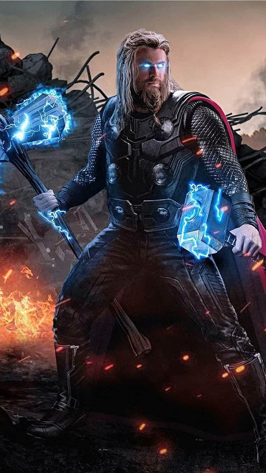 Thor wielding Mjolnir and Stormbreaker in a fiery battlefield with glowing blue lightning effects HD phone wallpaper