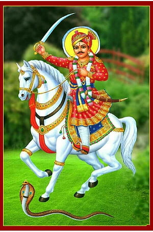 Tejaji Maharaj on White Horse with Sword and Cobra in Traditional Indian Art HD phone wallpaper