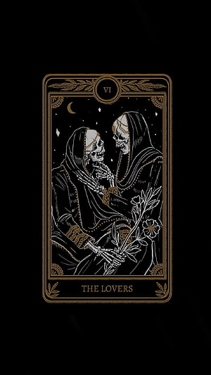Gothic Tarot Card The Lovers Featuring Two Skeletons in Ornate Black and Gold Illustration HD phone wallpaper