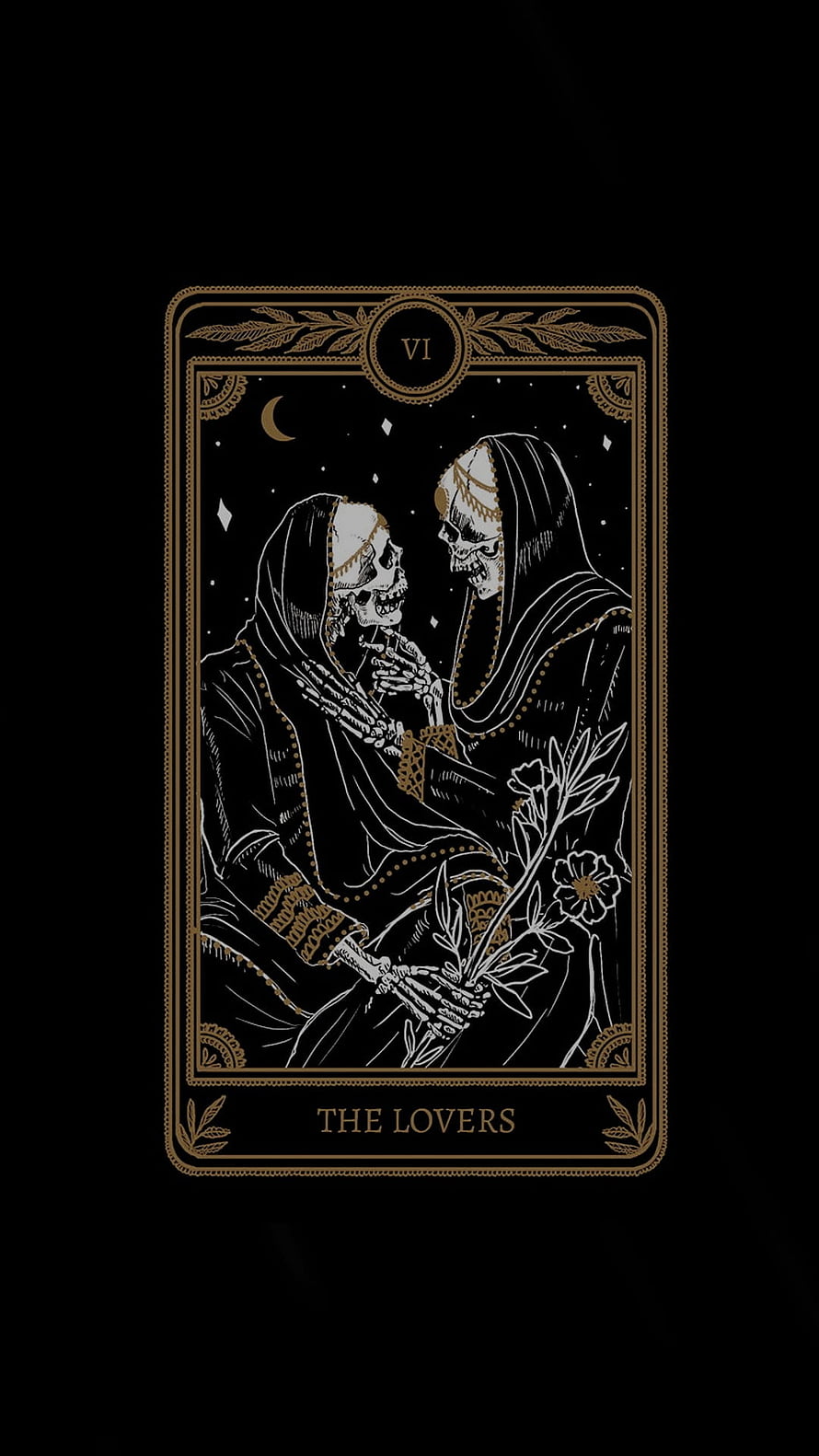 Gothic Tarot Card The Lovers Featuring Two Skeletons in Ornate Black and Gold Illustration HD phone wallpaper
