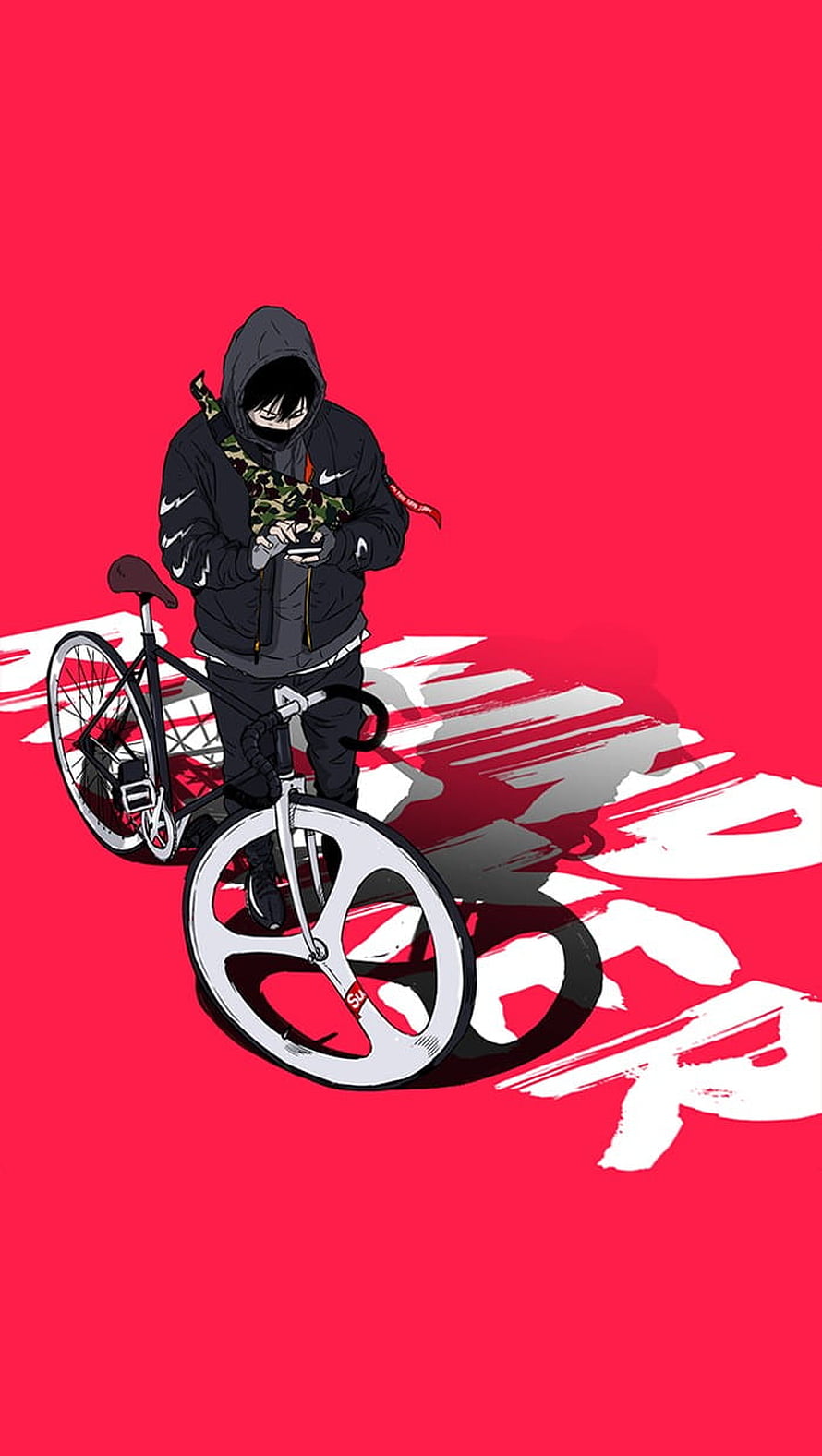 Windbreaker Webtoon Character with Bicycle on Red Background HD phone wallpaper