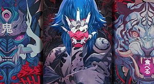 Demon Slayer Upper Moon Demon Anime Illustration with Blue Hair and Oni Mask HD wallpaper