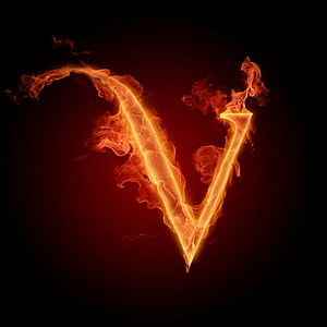 Flaming Letter V with Fiery Smoke Trails on a Dark Red Background HD phone wallpaper