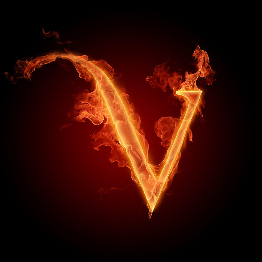 Flaming Letter V with Fiery Smoke Trails on a Dark Red Background HD phone wallpaper