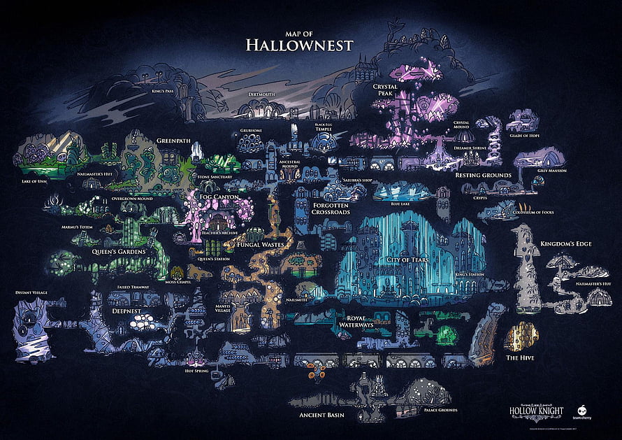 Hollow Knight Silksong Hallownest World Map with Labeled Regions and Locations HD wallpaper