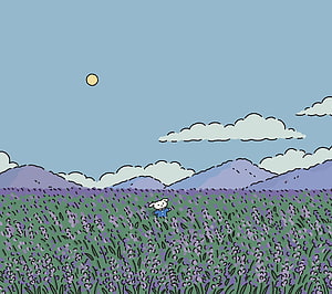 Cute Cartoon Character in a Lavender Field with Distant Mountains and a Pale Sun HD wallpaper