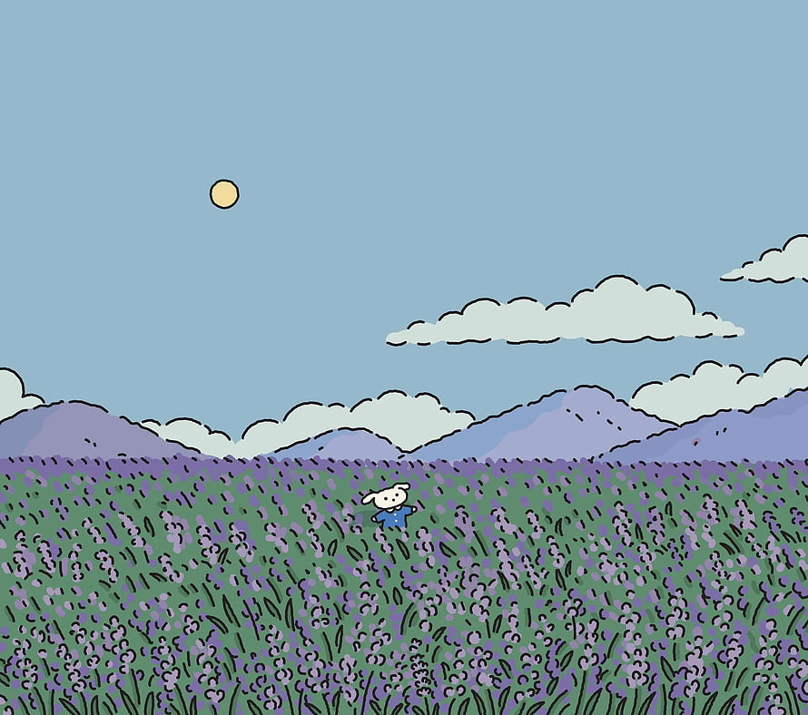 Cute Cartoon Character in a Lavender Field with Distant Mountains and a Pale Sun HD wallpaper