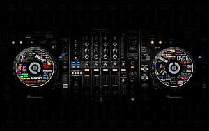 Pioneer DJ CDJ-900 and DJM-900 Setup with Vinyl Record Labels in Dark Studio HD wallpaper