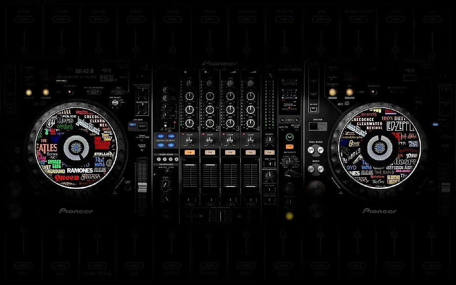 Pioneer DJ CDJ-900 and DJM-900 Setup with Vinyl Record Labels in Dark Studio HD wallpaper