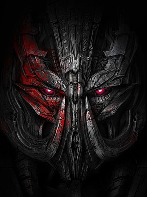 Megatron from Transformers: The Last Knight with glowing red eyes and battle-worn metallic face HD phone wallpaper