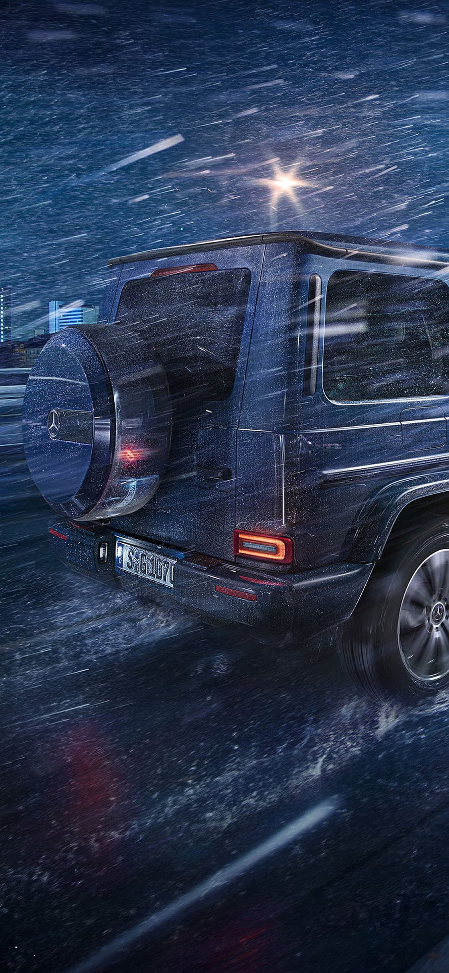 Mercedes-Benz G-Class SUV Rear View Driving Through Snowy Night Cityscape HD phone wallpaper