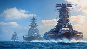 Yamato Battleship Fleet Cruising Open Ocean in World of Warships Naval Combat Scene HD wallpaper