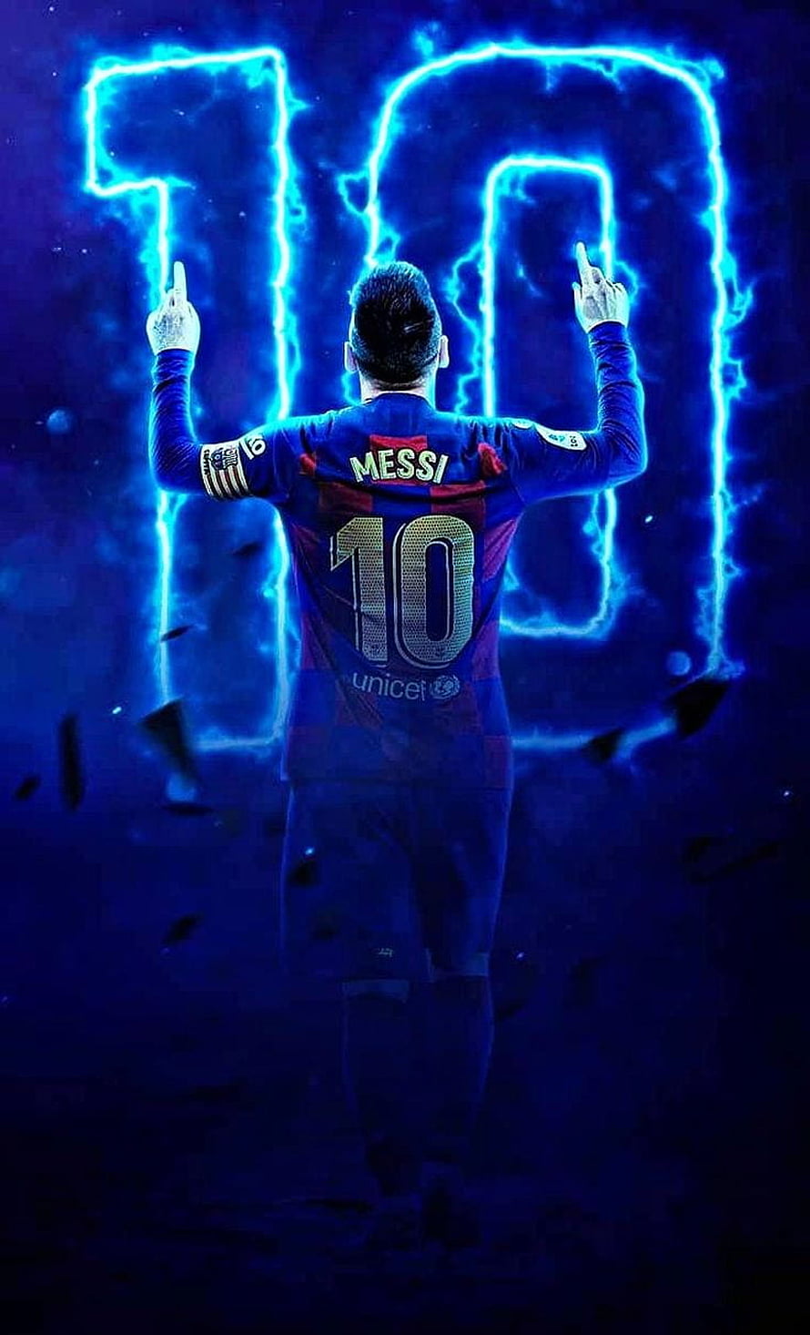 Lionel Messi in Barcelona Kit with Glowing Number 10 Lightning Effect HD phone wallpaper