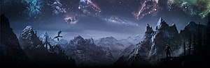 The Elder Scrolls Snowy Mountain Landscape with Dragon and Constellations HD wallpaper