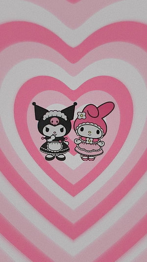 Kuromi and My Melody in Cute Maid Outfits on Pink Heart Pattern Background HD phone wallpaper