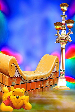 Winnie the Pooh Lying Down Beside an Ornate Lamp Post and Stone Bench Against a Vibrant Abstract Background HD phone wallpaper