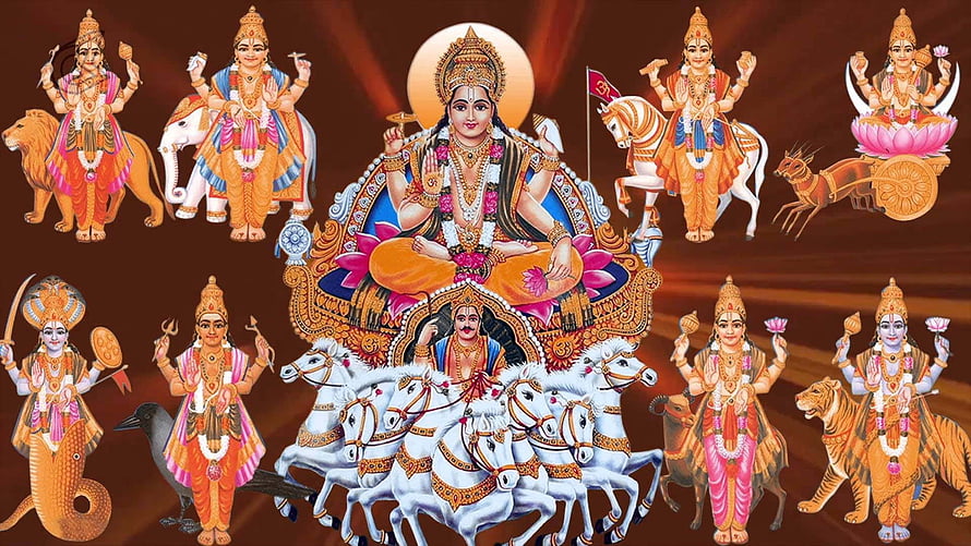 Navagrahas Hindu Deities Illustration with Planetary Rulers and Mounts HD wallpaper