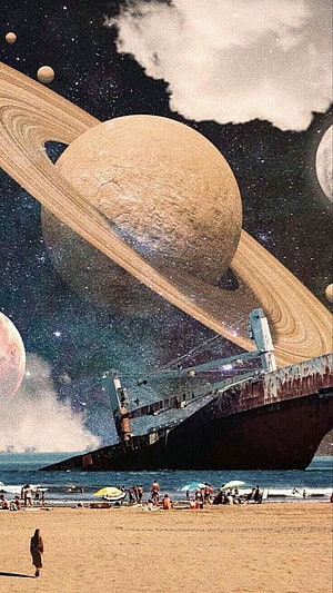 Surreal Beach Scene with Giant Ringed Planet and Shipwreck Under Starry Sky HD phone wallpaper