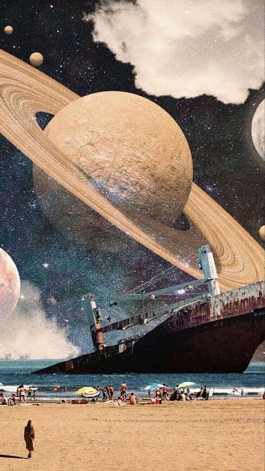 Surreal Beach Scene with Giant Ringed Planet and Shipwreck Under Starry Sky HD phone wallpaper