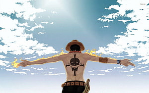 Portgas D. Ace from One Piece with arms outstretched against a bright blue sky HD wallpaper