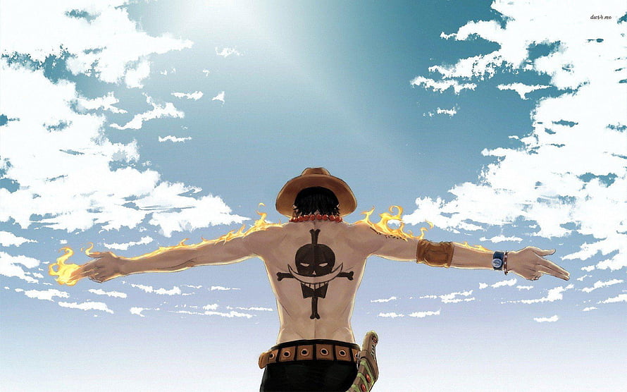 Portgas D. Ace from One Piece with arms outstretched against a bright blue sky HD wallpaper