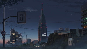 Kimi No Na Wa Anime Cityscape at Dusk with Towering Skyscraper and Street Signs HD wallpaper