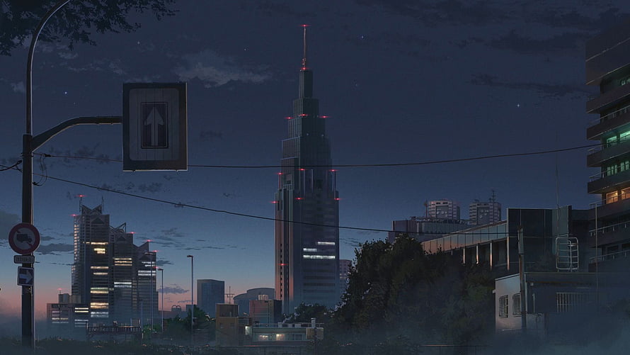 Kimi No Na Wa Anime Cityscape at Dusk with Towering Skyscraper and Street Signs HD wallpaper