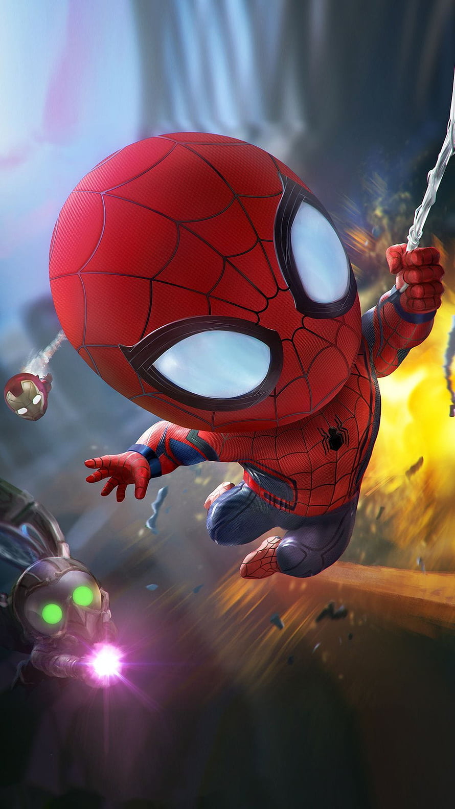 Chibi Spider-Man Swinging Through Explosive Marvel Battle Scene HD phone wallpaper