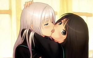 Intimate Anime Kiss Between Two Girls in Soft Warm Light HD wallpaper