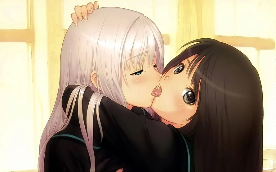 Intimate Anime Kiss Between Two Girls in Soft Warm Light HD wallpaper