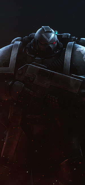 Warhammer 40k Astartes Impulsor Heavy Armor in Dark Battlefield with Glowing Red Visor HD phone wallpaper