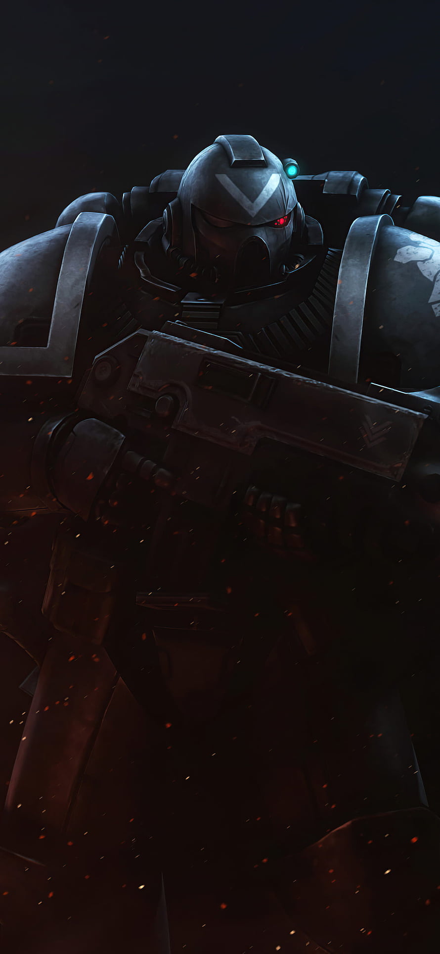 Warhammer 40k Astartes Impulsor Heavy Armor in Dark Battlefield with Glowing Red Visor HD phone wallpaper