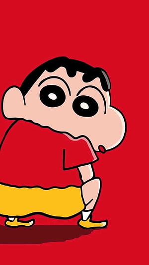 Shin-chan Anime Character in Red Shirt and Yellow Shorts on Red Background HD phone wallpaper