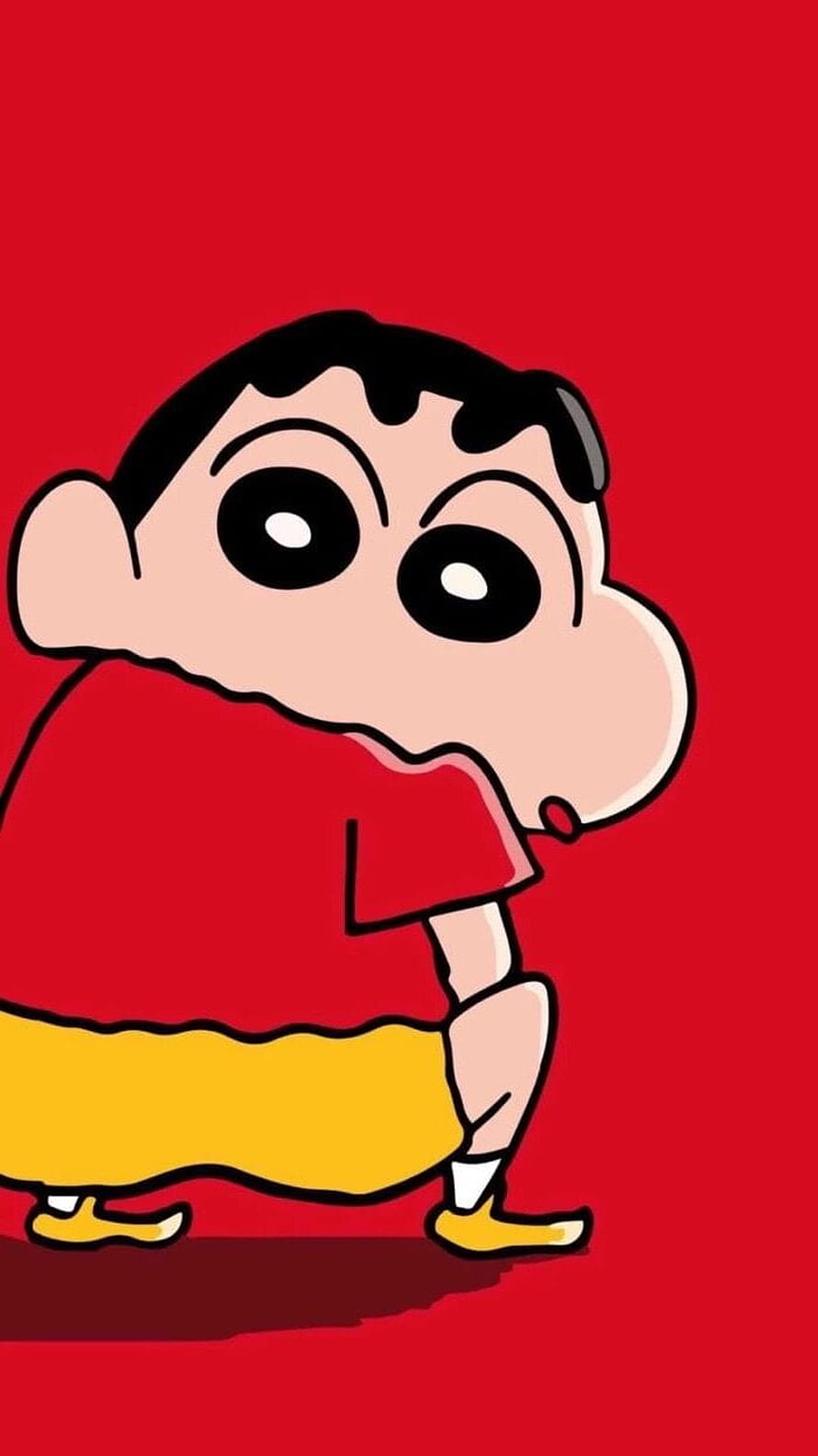 Shin-chan Anime Character in Red Shirt and Yellow Shorts on Red Background HD phone wallpaper