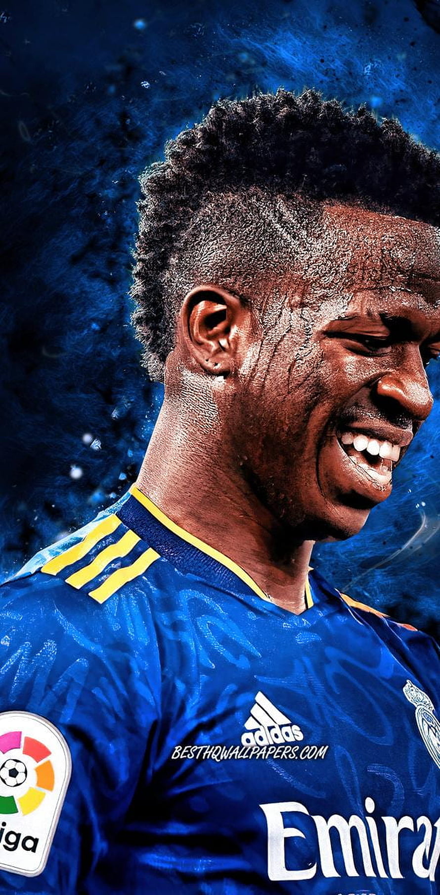 Vinicius Junior Real Madrid Blue Kit Portrait with La Liga Patch and Adidas Jersey HD phone wallpaper