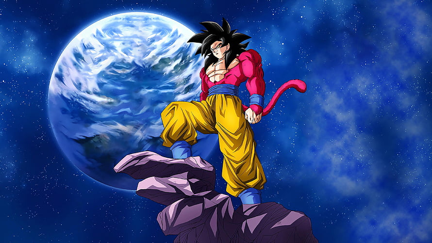 Super Saiyan 4 Goku Standing on Floating Rock in Space with Earth Behind HD wallpaper