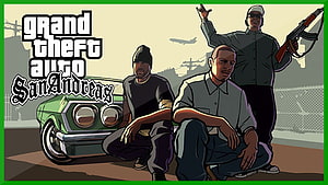 Grand Theft Auto San Andreas Key Art Featuring CJ and Green Muscle Car HD wallpaper