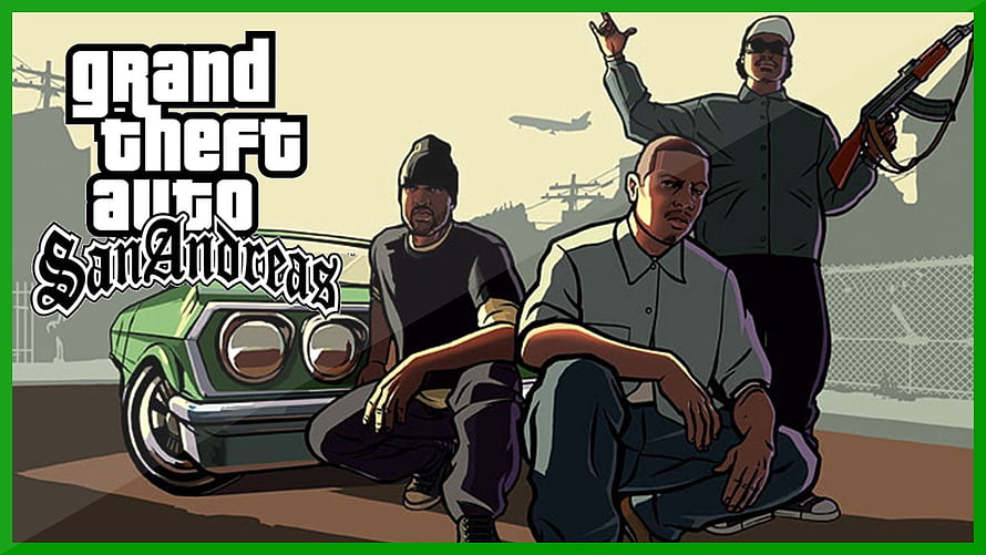 Grand Theft Auto San Andreas Key Art Featuring CJ and Green Muscle Car HD wallpaper
